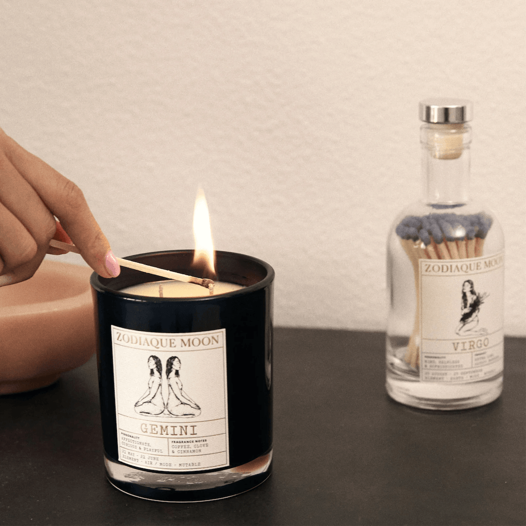 personalised zodiac candles gemini with fragrance scents of warm, spicy and woodsy notes