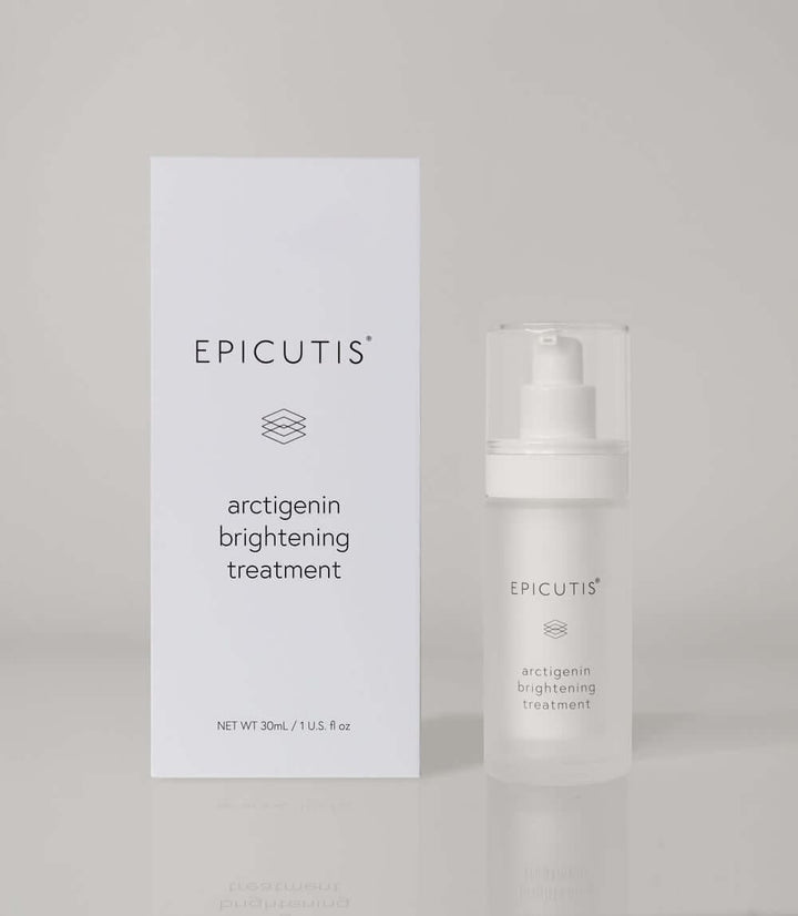 Arctigenin Brightening Treatment by Epicutis in packaging and pump bottle for skin brightening benefits.