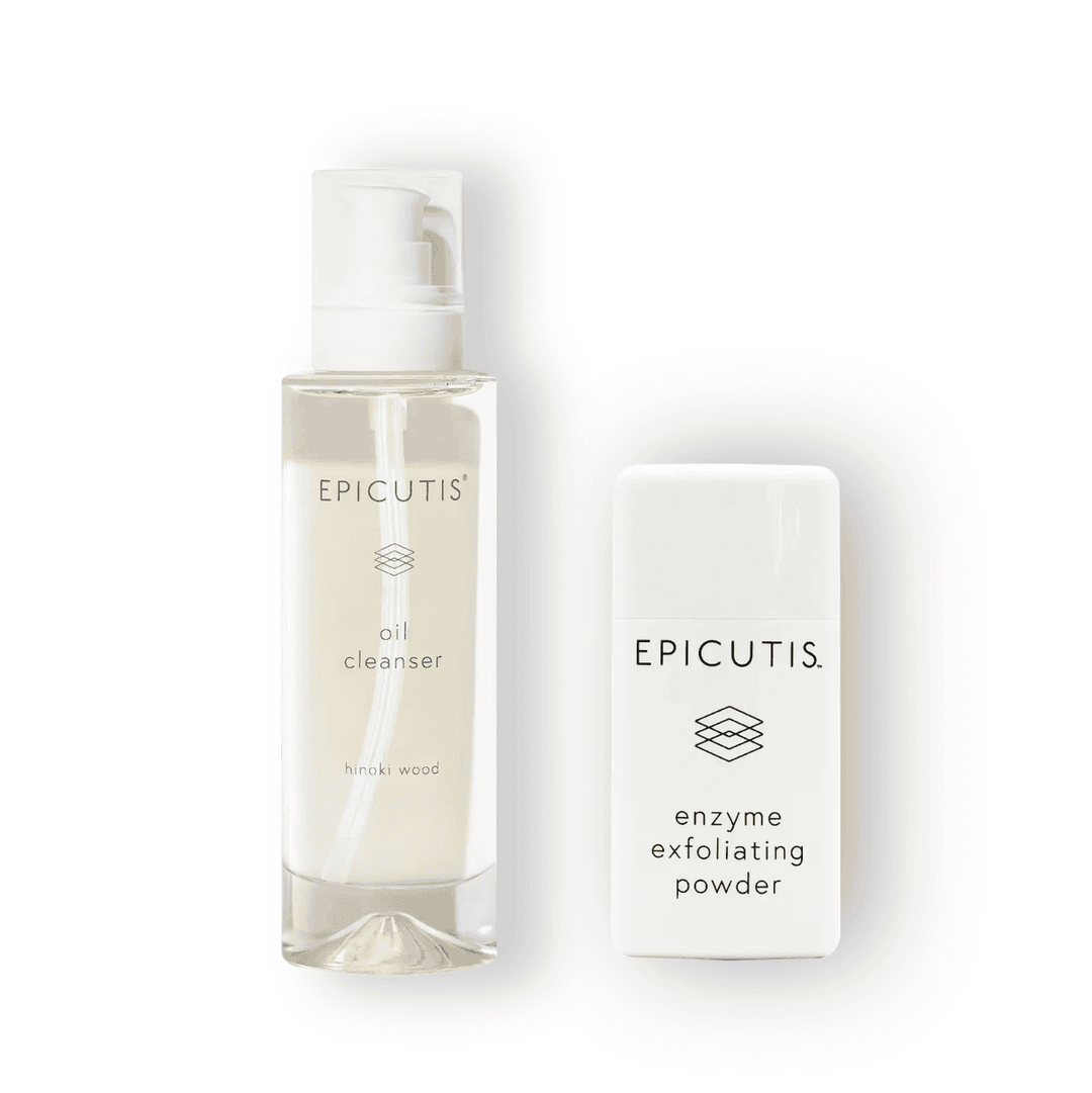 Cleansing Essentials Epicutis Set featuring Oil Cleanser and Enzyme Exfoliating Powder.