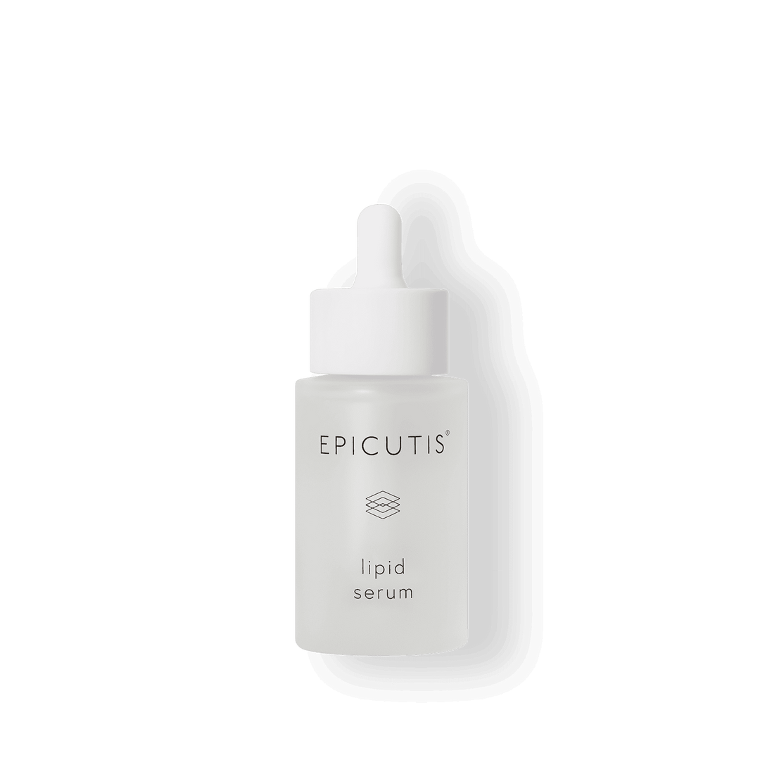Epicutis lipid serum in a clear dropper bottle for calming and healing skincare.