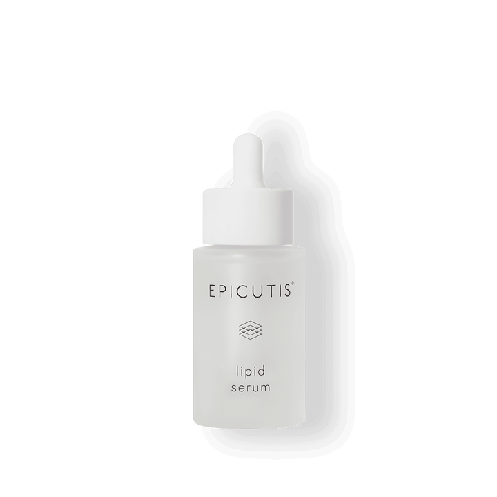 Epicutis lipid serum in a clear dropper bottle for calming and healing skincare.