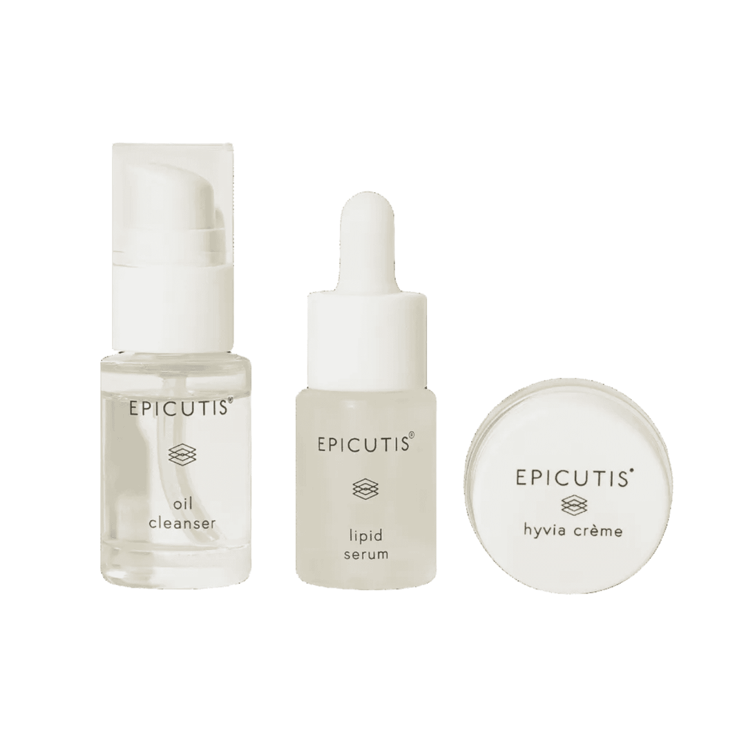 Skincare Recovery Care Set featuring Oil Cleanser, Lipid Serum, and Hyvia Crème for post-procedure care.